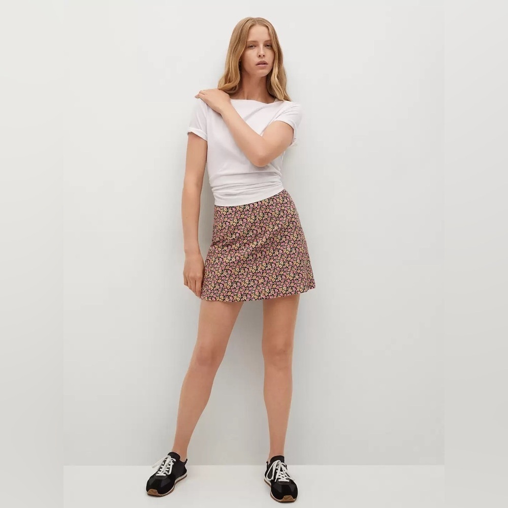 MANGO Women's Black & Pink Floral Print Mini A-Line Skirt Small